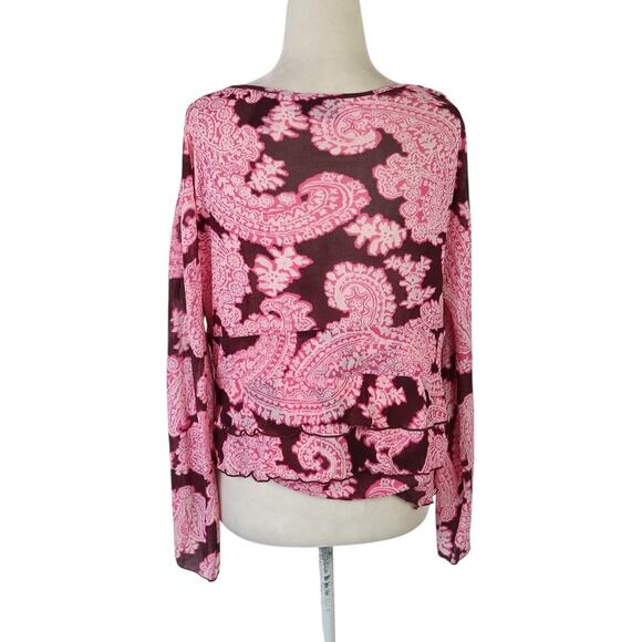 Vintage 90s/Y2K New York & Company Pink and Burgundy Paisley Mesh Top XL - Picture 4 of 6